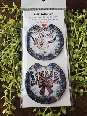 Country Mama Blue Leopard Print Car Coaster Set - Blue